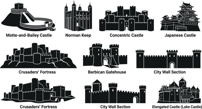 Historical castle architecture vector silhouette icon set featuring medieval fortresses towers keeps and defensive city walls