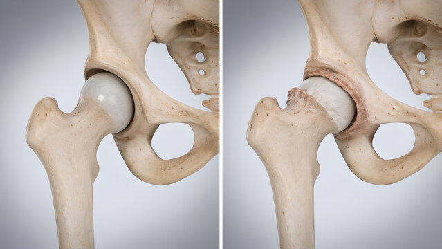 Hip joint comparison medical illustration showing normal anatomy versus femoroacetabular impingement with mixed cam, pincer morphology for orthopedic education, radiology, patient healthcare design