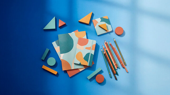 Flat lay of patterned notebooks geometric shapes and pencils in earthy tones on blue