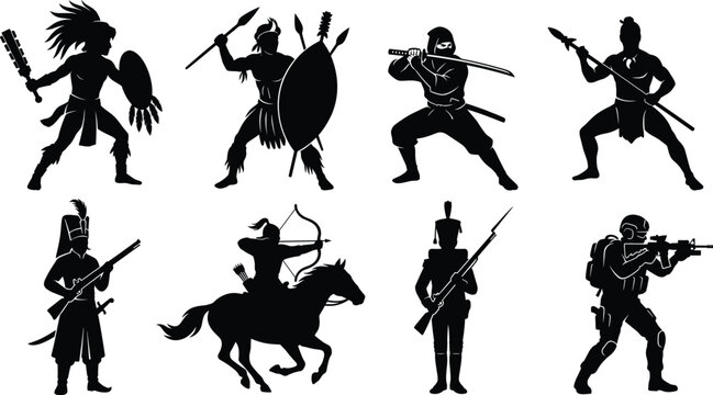 Historical warriors and modern soldiers vector silhouette icon set representing the evolution of combat and warfare