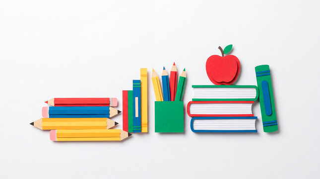 Paper craft school supplies with books pencils and apple arranged on a white background