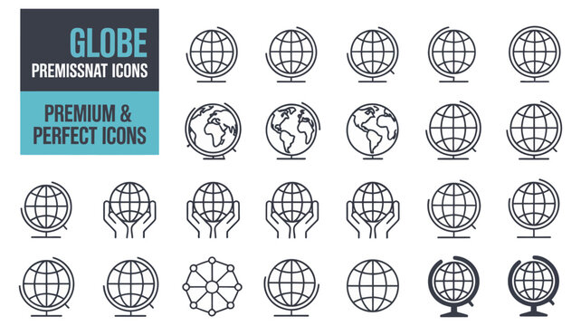 Premium Globe Icon Set with World Map, Earth and Wireframe Sphere Vector Collection