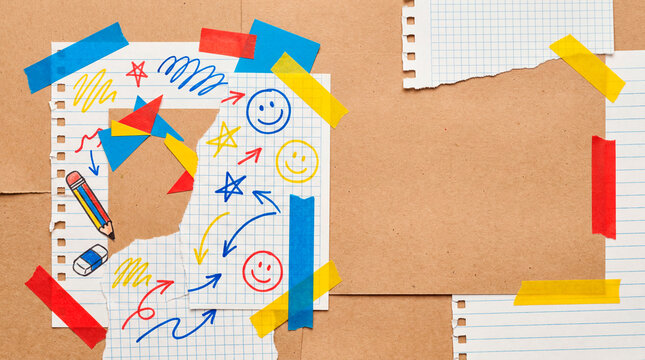 Childlike doodles on torn paper taped over cardboard with colorful school sketches