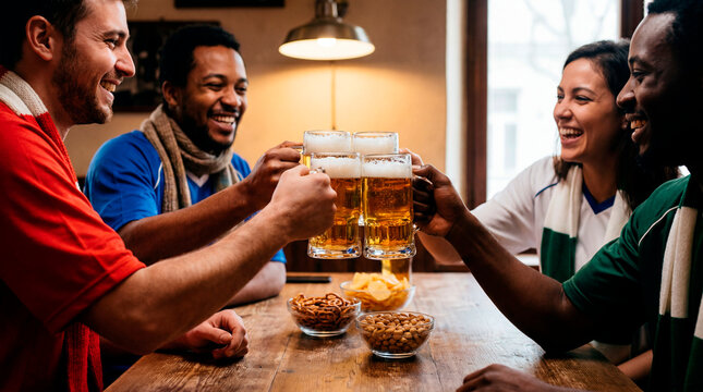 Diverse friends toasting beer mugs while watching a soccer match at a sports bar
