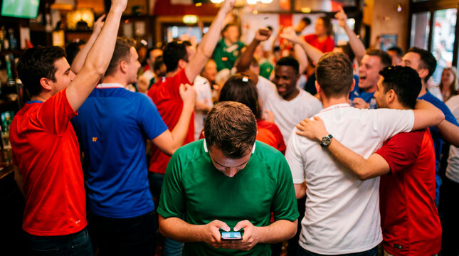 Crowd of soccer fans celebrating in a pub while one disappointed man checks his phone