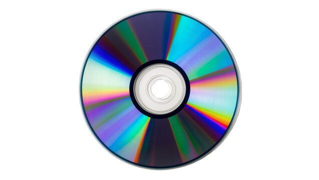 Shiny rainbow CD disc with silver ring and black center, isolated on transparent background