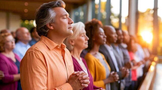 Diverse congregation praying together in a sunlit church sanctuary