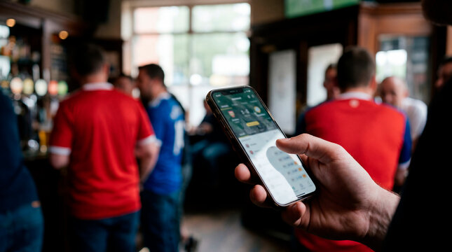 Hand holding a smartphone with a sports betting app in a busy soccer pub