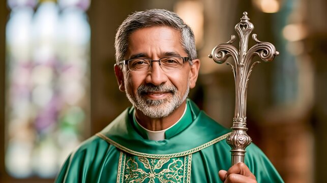 Catholic bishop holding a silver crosier in green vestments