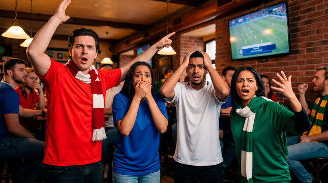 Tense soccer fans in team jerseys reacting with shock while watching a match in a bar