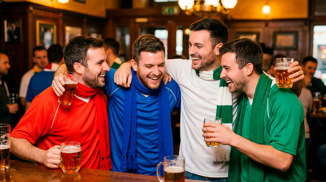 Four joyful soccer fans in colorful jerseys embracing with beers at a lively pub
