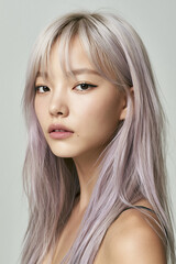 Naklejka premium Korean Young Woman With Long Straight Bleached Silver Hair With Purple Tint And Bangs Portrait