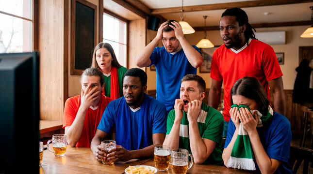 Shocked soccer supporters in jerseys watching a tense match on television in a sports bar