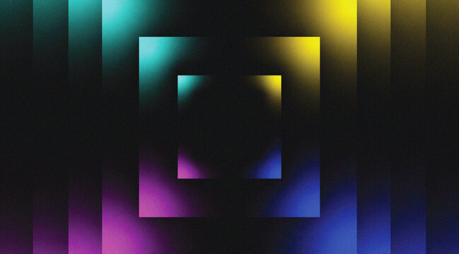 Abstract Geometric Background with Glowing Neon Square Frame and Vertical Stripes