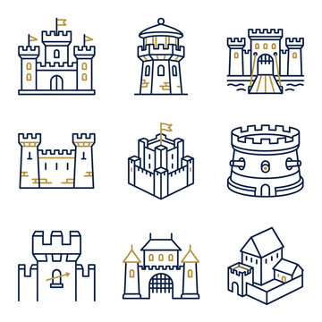 Collection of stylized castle icons in line art style.