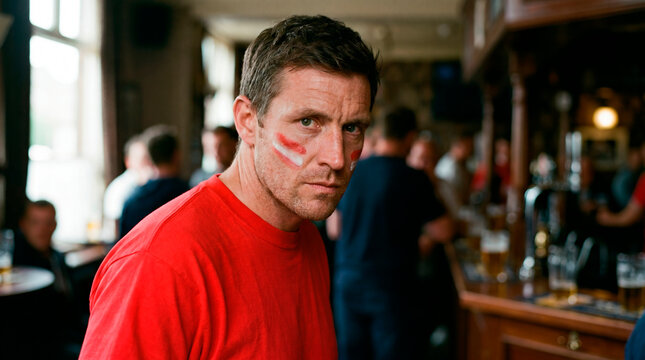 Determined male soccer fan with face paint looking at the camera in a crowded pub