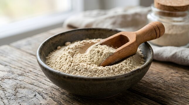 Fine organic beige powder sits inside a dark rustic ceramic bowl with a small wooden scoop for measuring culinary ingredients