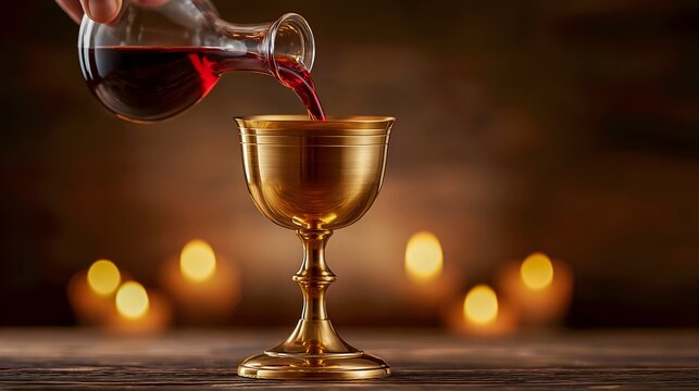 Red wine poured into a golden chalice on the altar