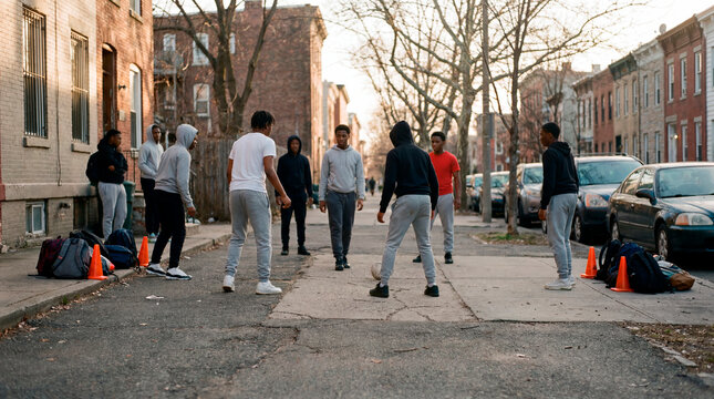 Teenagers playing street soccer at dusk on an urban neighborhood road with backpack goals