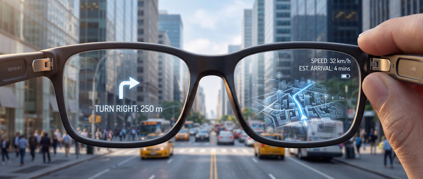 Augmented reality glasses display navigation map and turn instructions over a blurred city street with traffic and pedestrians, showcasing futuristic technology for urban travel