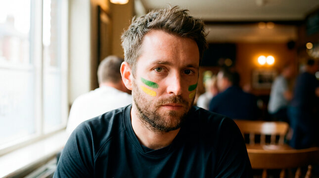 Pensive male soccer fan with green and yellow face paint sitting alone in a pub