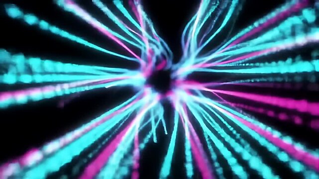 Abstract glowing trails of pink and cyan light converge towards a dark center.