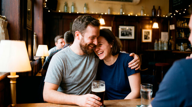 Affectionate couple embracing and laughing over a beer at a cozy pub during a match