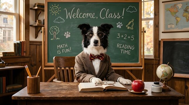 A border collie dog dressed as a teacher sitting at a desk in a classroom