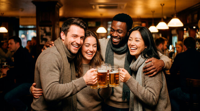 Diverse group of friends in scarves toasting beer mugs together in a warm pub