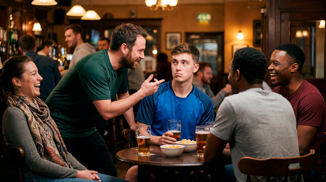 Friends debating animatedly around a pub table while watching a soccer match with beers