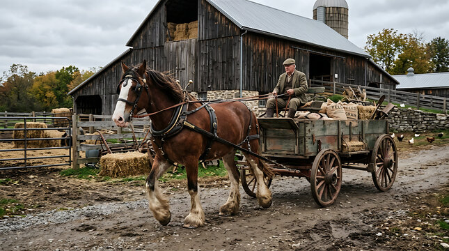 Majestic Clydesdale Horse Pulling a Vintage Wagon with a Farmer in a Rural Barn Setting