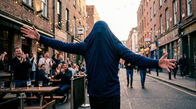 Man with open arms celebrating in the street as pub patrons cheer his soccer team