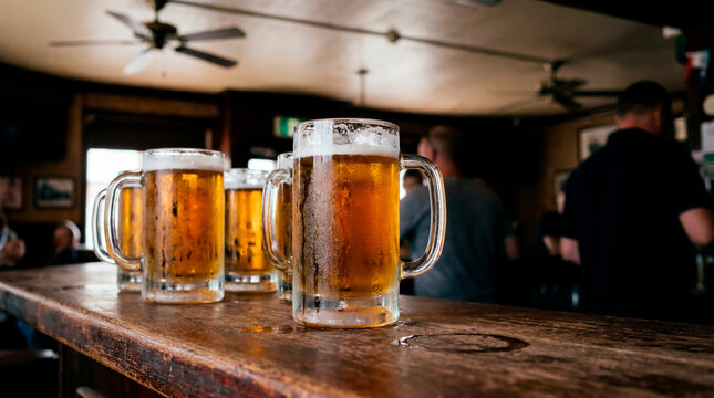 Four beer mugs lined up on a wooden pub counter with blurred soccer fans behind