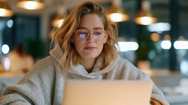 A young Caucasian woman in glasses working on a laptop in a cozy cafe.