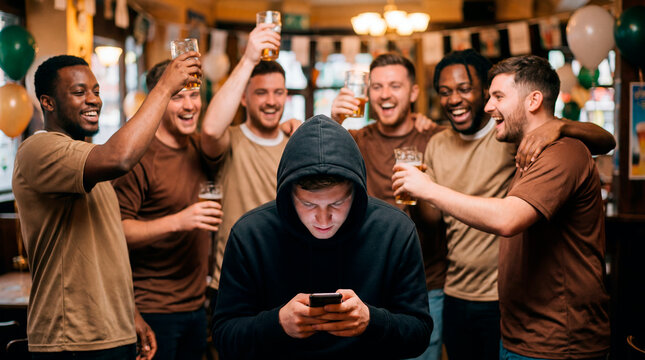 Cheering fans raising beers around a disappointed young man checking his phone in a pub