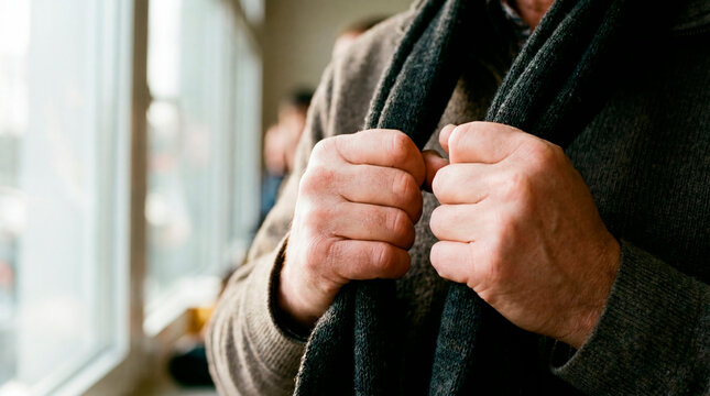 Older man clutching a scarf with tense hands while watching a soccer match by a window