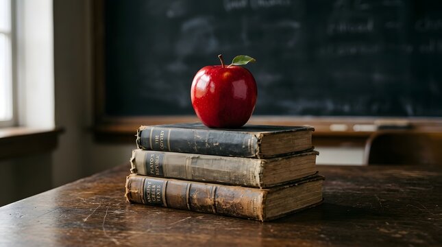 A red apple on a stack of classic books on a wooden desk in a classroom