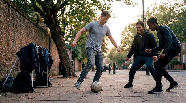 Three young men playing street soccer on an urban terraced street in the evening light