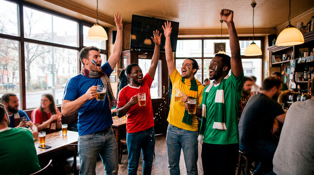 Diverse friends in colorful jerseys celebrating a goal with beers in a lively pub