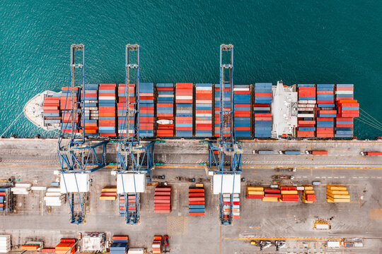 Aerial view of a container ship and shipping containers at the port, Salvador, Bahia, Brazil