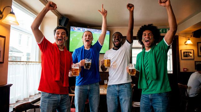 Four male soccer fans cheering with raised arms and beers while watching a pub television
