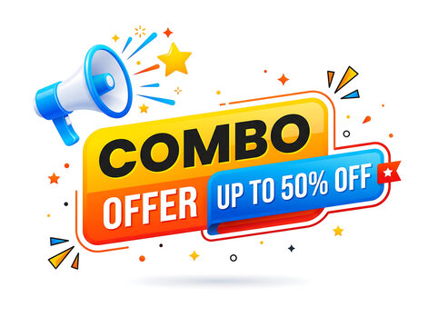 Combo offer promotion badge with blue megaphone and fifty percent discount tag on white background
