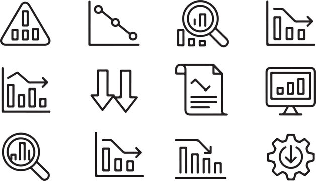 Financial Business Decline and Data Analysis Icons Set Illustrating Economic Downturn and Market Trends