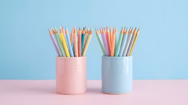 Two ceramic pencil holders filled with colorful pastel pencils on a twotone blue and pink background