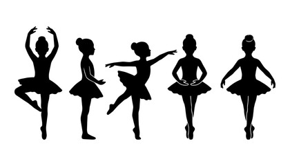 Ballet dancers perform varied poses against a studio background. Silhouettes display tutus and graceful lines conveying a calm rehearsal mood. © Hype2Art