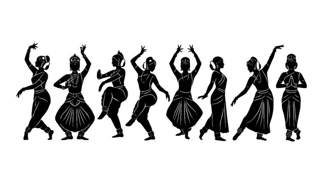 Classical Indian dancers perform expressive mudras on studio background.