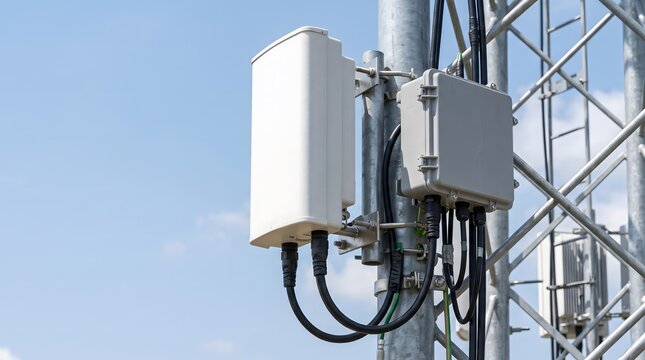 Close up of cellular tower equipment with antenna and cable system, communication technology and network infrastructure macro close-up, technology detail, industrial background