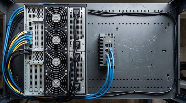 Server rack equipment with network cabling and cooling fans. macro close-up, technology detail, industrial background