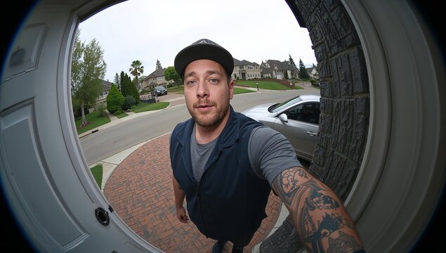 Man standing at front door viewed through wide angle peephole