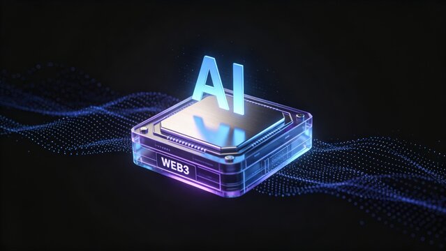 Glowing AI processor with Web3 digital platform on futuristic data network, idea for artificial intelligence blockchain innovation and decentralized technology
